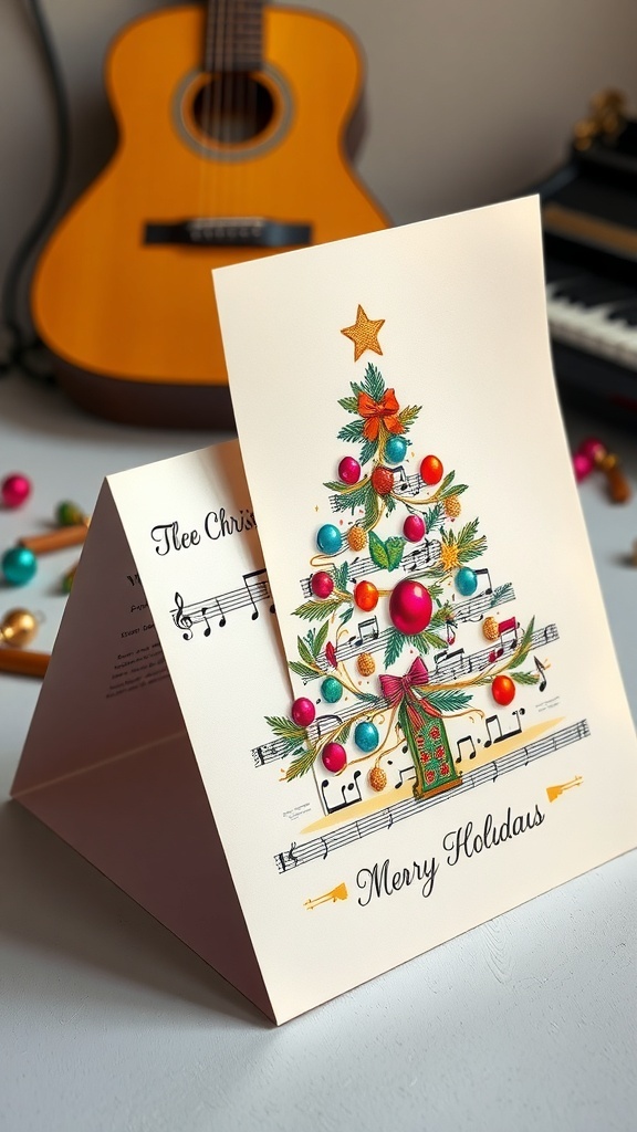 A creative Christmas card with musical notes and a tree made from sheet music.